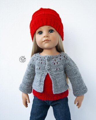 Gray and red outfit  knitted flat for 18in doll