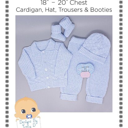 Gareth Unisex Pram set. Cardigan, Trousers, hat & booties 18-20" chest size