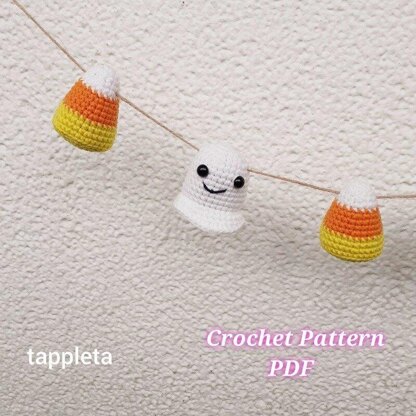 Ghost and Candy Corn garland crochet pattern, Halloween crochet decoration pattern, Spooky season decor, Nursery garland handmade cute ghost