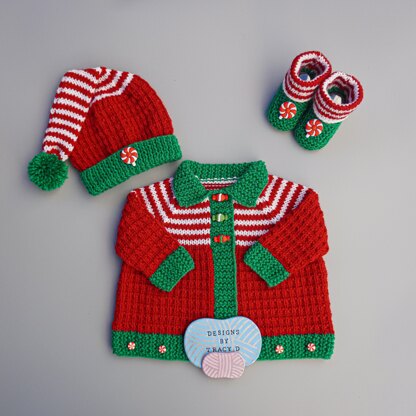 Mistletoe Coat, Elf hat & Booties baby knitting pattern