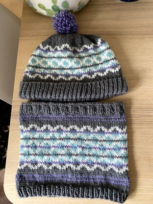 First Fair Isle Hat and Cowl Set
