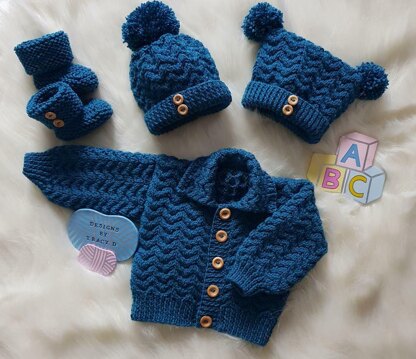 Isaac baby knitting pattern cardigan, hats and booties 0-3 mths & 6-12m