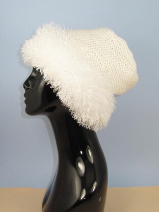 Faux Fun Fur Trim Garter Stitch Slouch Hat