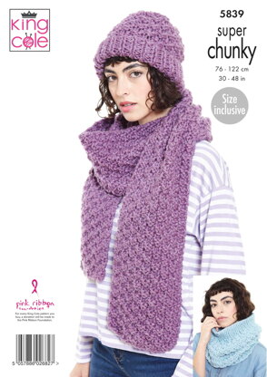 Sweater, Cowl, Scarf and Hat Knitted in King Cole Big Value Super Chunky - 5839 - Downloadable PDF