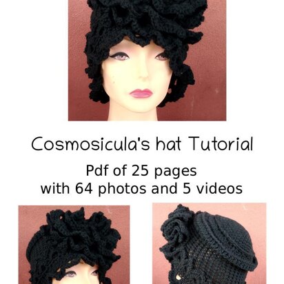 Crochet Tutorial Pattern for my Cosmosicula's hat. Retro style hat. Elegant winter hat. Pdf 25 pages, 64 photos, 5 videos. English version.