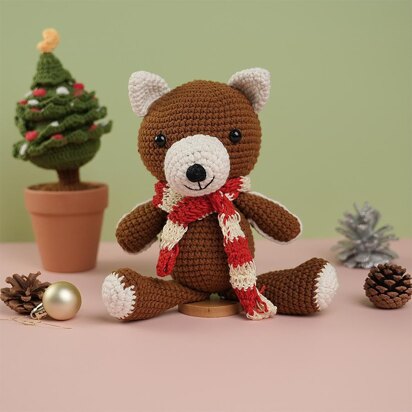 Brown Teddy Bear Wearing Red & White Christmas Scarf Plush Toy Crochet Pattern