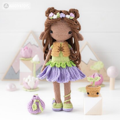 Amigurumi Crochet Doll Pattern LUNA with Kawaii Sprout by AradiyaToys (Olka Novytska) collection tutorial PDF file, elf crochet pattern doll dress fantasy kawaii