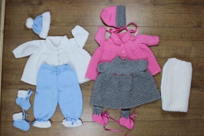 Knitting pattern baby jacket, hat, trousers, dress, booties, blanket/afghan  #43