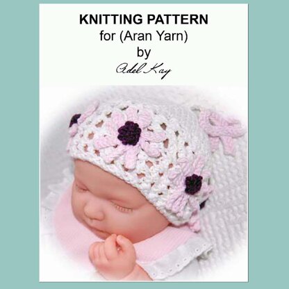 Mel Daisy Flower Lace Effect Multi-size Baby or Reborn Doll Hat Aran Yarn Knitting Pattern by Adel Kay