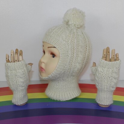 Toddler Child Aran Cable Bobble Balaclava & Gloves