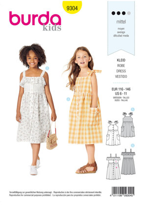 Burda Style Children's Pinafore Dress with Front Button Fastening – Gathered Skirt 9304 - Paper Pattern, Size 6-11