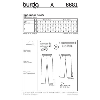 Burda Women's Trousers Sewing Pattern B6681 - Paper Pattern, Size 10-24