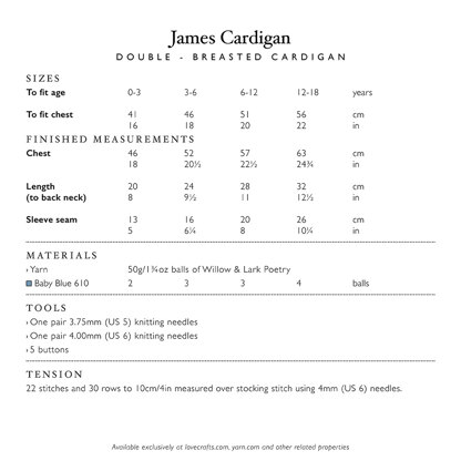 James Cardigan - Knitting Pattern for Boys in Willow & Lark Poetry