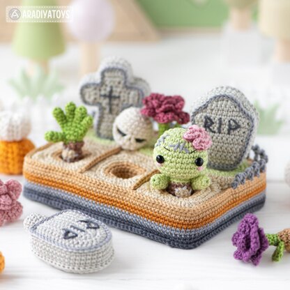 4-in-1 halloween night crochet pattern graveyard amigurumi tutorial mini kingdom DIY raven spider zombie howto digital PDF file by AradiyaToys (Olka Novytska)