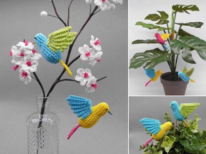 Little flying bird hanging decoration & flower pot stick - easy from scraps of yarn