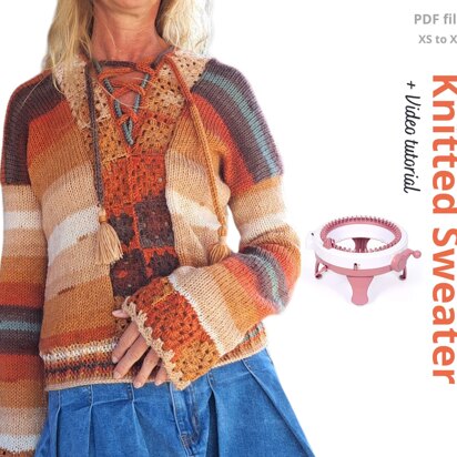 Knitted sweater with granny squares - knitting pattern
