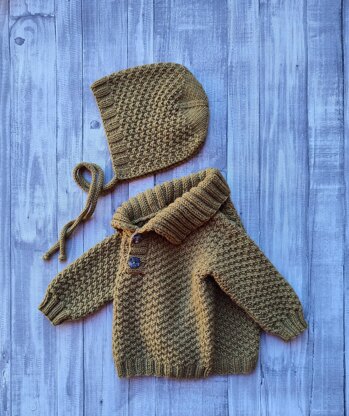 Mossy Baby Sweater, Bonnet and Pants | 0-24 months