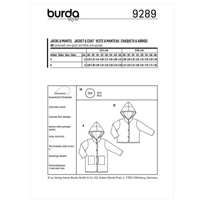 Burda Style Children's Coat – Jacket – Hood B9289 - Paper Pattern, Size 4-6