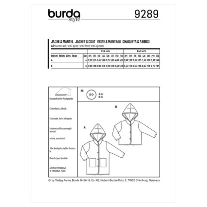 Burda Style Children's Coat â€“ Jacket â€“ Hood B9289 - Paper Pattern, Size 4-6