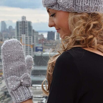 Snow Princess Girls and Adult Sequin Hat and Mitten Set with Bow Detail and iPhone Compatibility