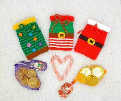 PDF Christmas DK Knitting Pattern Decoration Chocolate Coin Bags Gift Charity knit EASY Christmas Eve Box Pouch Santa Elf Christmas Tree