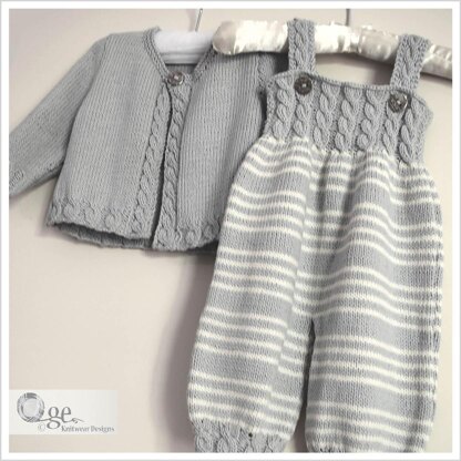 Baby Overalls with detailed cabled bodice and matching sweater - P037