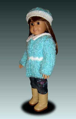 Pdf doll clothes knitting pattern, fits 18 inch and American Girl dolls. Winter Jacket and matching Hat.
