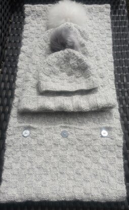 Hat and cocoon set in basket weave, with scarf