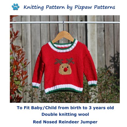 Red Nosed Reindeer Sweater (no 8) to fit from birth to 3 years old - knitting pattern