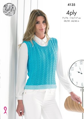 Ladies Cabled Sweater and Slipover in King Cole Bamboo 4Ply - 4135 - Downloadable PDF