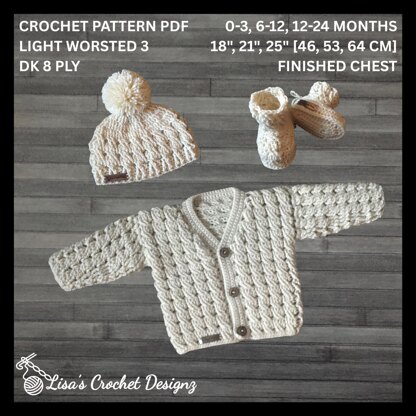 Caleb Baby Cardigan Hat and Booties Set