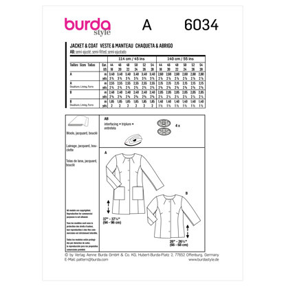 Burda Style Plus Coat / Jacket B6034 - Paper Pattern, Size 44 - 54