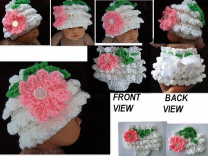 534, Crochet Ruffled Diaper Cover, Hat, and Bonnet