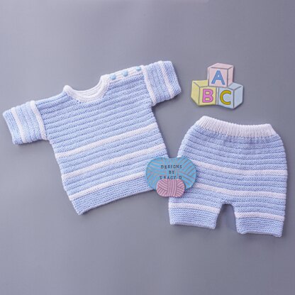 Teddy Baby Shorts and short sleeved Jumper knitting pattern 18 inch chest size.