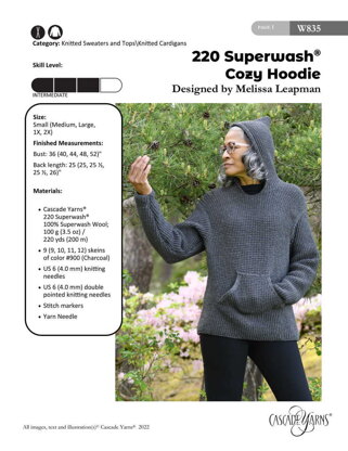 Cozy Hoodie in Cascade Yarns 220 Superwash - W835 - Downloadable PDF