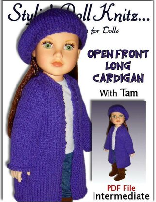 Doll clothes, Long Cardigan Knitting pattern for 18 inch dolls, including American Girl