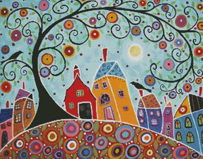 Houses, Barn, Birds and Swirl Tree - #13007-ARTL