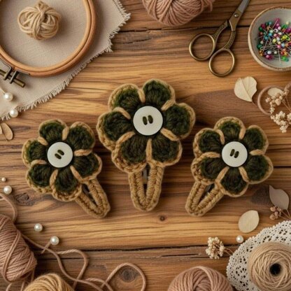 Crochet Beige Flower Hair Clip Pdf + Video Tutorials.