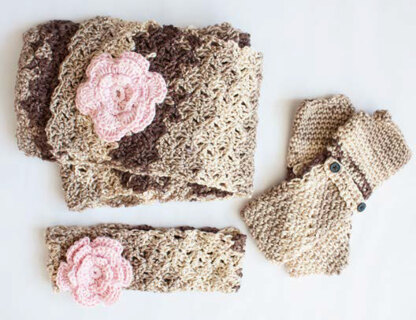 Cozy Posy Headband, Fingerless Gloves and Scarf Set in Caron Simply Soft & Simply Soft Ombre - Downloadable PDF
