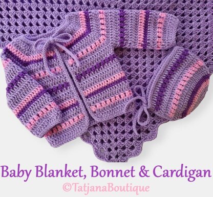 Baby Blanket, Cardigan and Bonnet