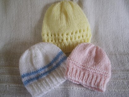 Baby Hat Trio - straight needles DK knitting pattern premature early small baby newborn-3 months