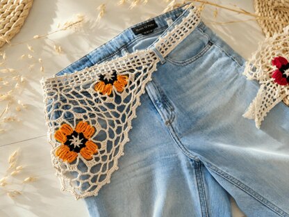 Boho Bandana with Floral Motif, Freeform Mesh and Filet Crochet Design (H8)
