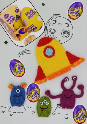 PDF Easter Knitting Pattern Space Rocket & Aliens Egg Cover DK 98g Gift Charity knit EASY Easter Egg Hunt Mini Eggs Toy Puppet Creme Egg Cadbury