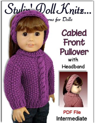 Pdf 18 inch doll knitting pattern. Fits American Girl Doll. Cabled Front 003