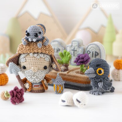4-in-1 halloween night crochet pattern graveyard amigurumi tutorial mini kingdom DIY raven spider zombie howto digital PDF file by AradiyaToys (Olka Novytska)