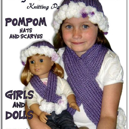 Matching Pompom hat and scarf for girls and 18 inch dolls (American Girl) 405