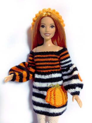 Doll clothes - Striped Dress "Pumpkins" for curvy Barbie dolls