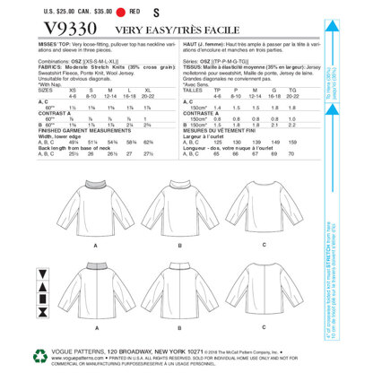 Vogue Misses' Top V9330 - Paper Pattern, Size XS-S-M-L-XL