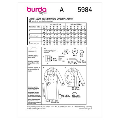 Burda Style Misses' Caban Jacket and Trench Coat B5984 - Sewing Pattern