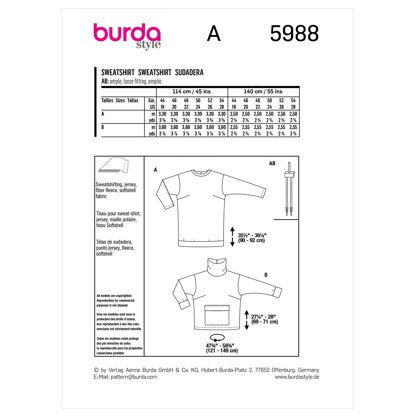 Burda Style Misses' Sweatshirts with Neckline Band or Roll Neck Collar B5988 - Sewing Pattern